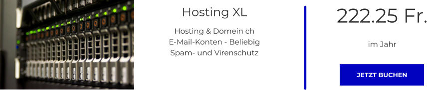 Hosting XL Hosting & Domein ch E-Mail-Konten - Beliebig Spam- und Virenschutz  222.25 Fr. im Jahr JETZT BUCHEN JETZT BUCHEN